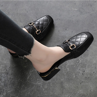 Нов модел дамски чехли с метална катарама -черен и бежов цвят