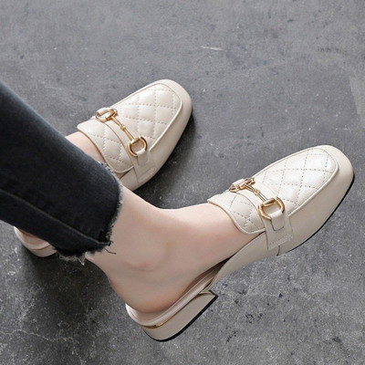 Нов модел дамски чехли с метална катарама -черен и бежов цвят