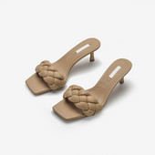 Modern papucs bőrpánttal és 6 cm-es sarokkal - kék és barna
