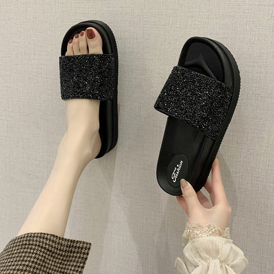 Дамски ежедневни чехли с камъни и равна подметка