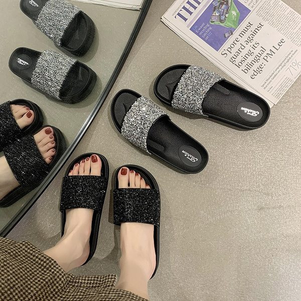 Дамски ежедневни чехли с камъни и равна подметка 