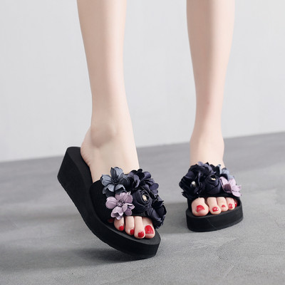 Дамски чехли с 3D цветя и платформа 5см