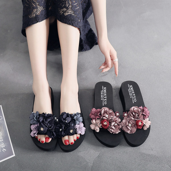 Дамски чехли с 3D цветя и платформа 5см