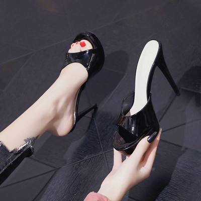 Дамски лачени чехли с висок ток 12см 