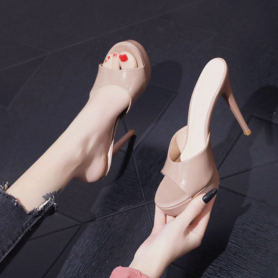 Дамски лачени чехли с висок ток 12см 