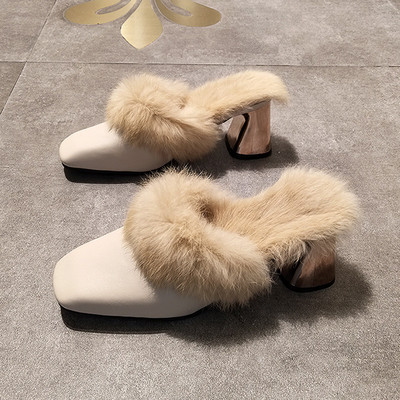 Дамски чехли от еко кожа с пух и ток 8см