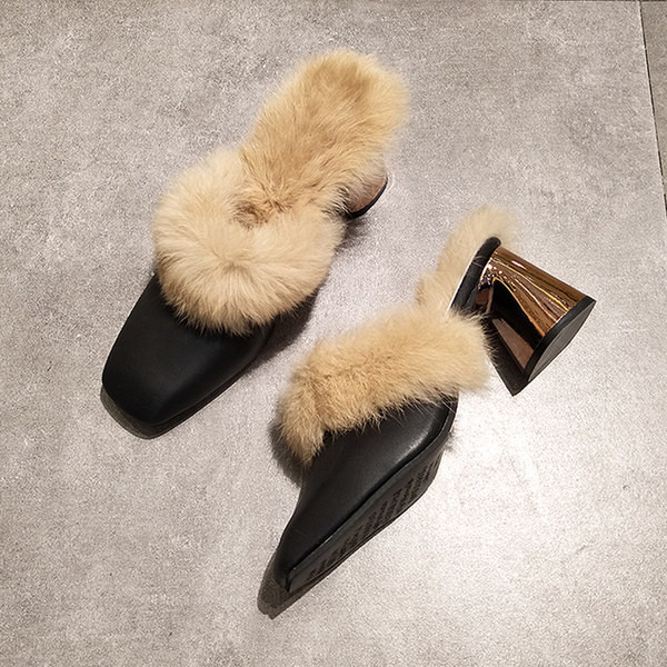 Дамски чехли от еко кожа с пух и ток 8см