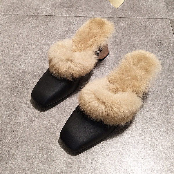 Дамски чехли от еко кожа с пух и ток 8см