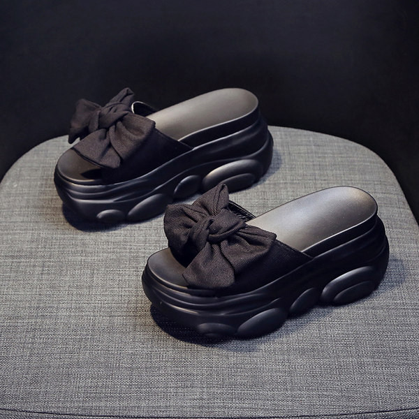 Дамски чехли с панделка и висока равна подметка