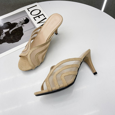 Стилни дамски чехли с тънък 6см ток