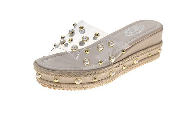 Papuci casual cu perle si talpa plata