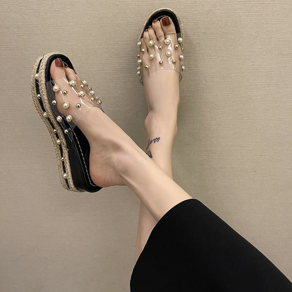 Papuci casual cu perle si talpa plata