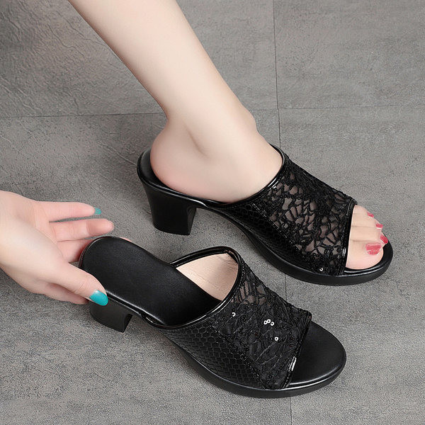 Papuci de dama cu toc gros de 6,5 cm si paiete