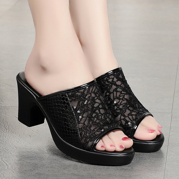 Papuci de dama cu toc gros de 6,5 cm si paiete