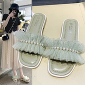 Ежедневни дамски чехли с перли и тюл в три цвята