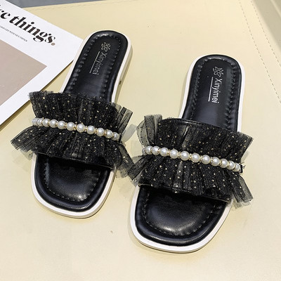 Ежедневни дамски чехли с перли и тюл в три цвята