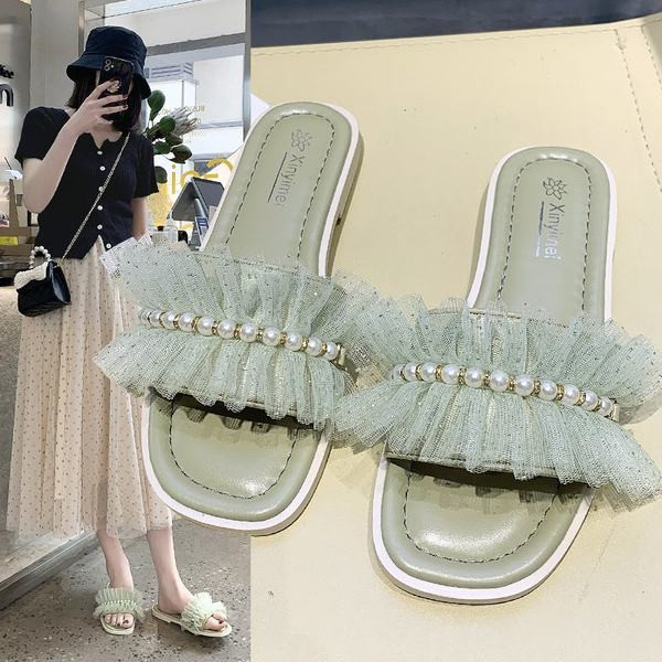 Ежедневни дамски чехли с перли и тюл в три цвята