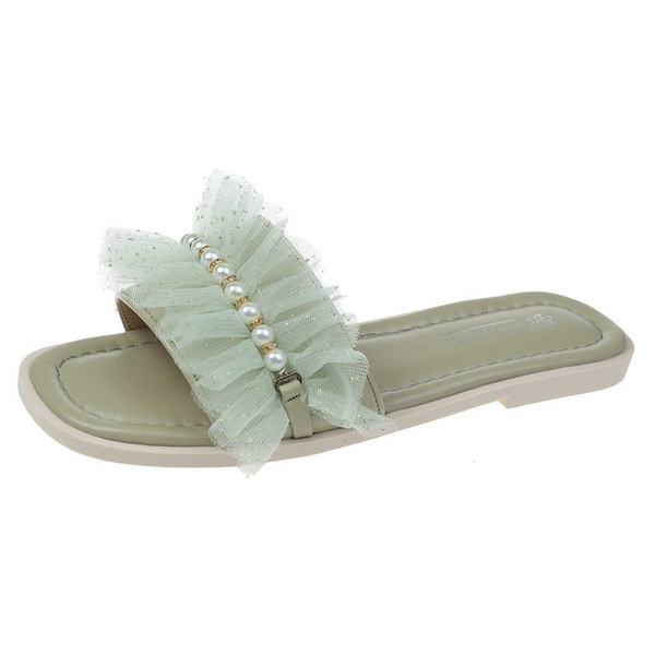 Ежедневни дамски чехли с перли и тюл в три цвята