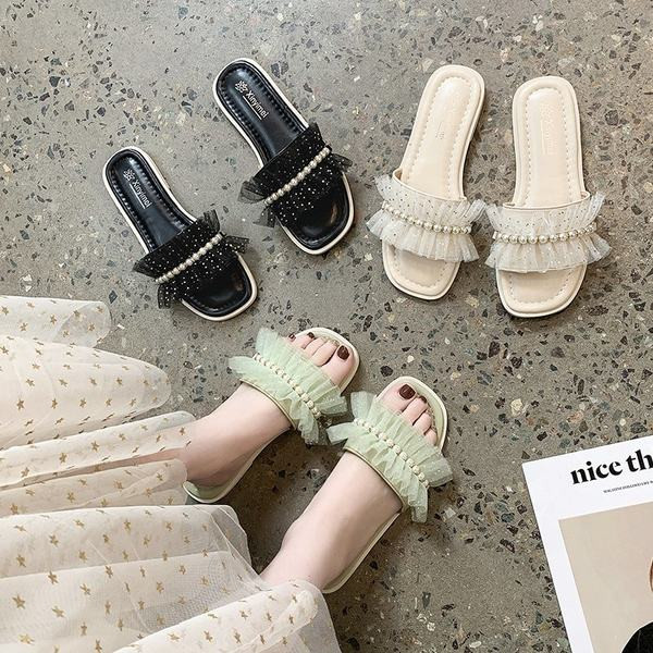 Ежедневни дамски чехли с перли и тюл в три цвята