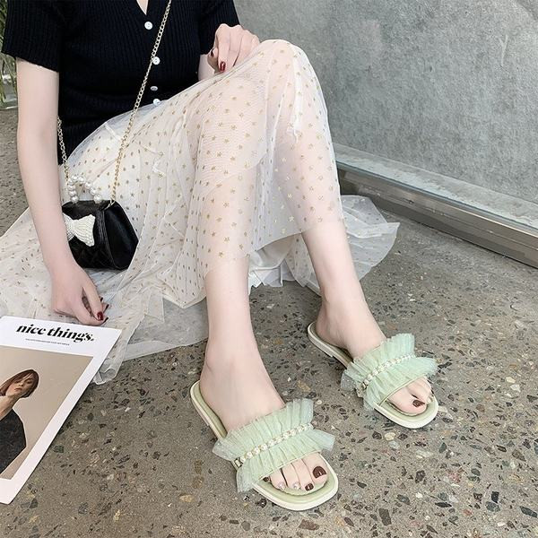 Ежедневни дамски чехли с перли и тюл в три цвята