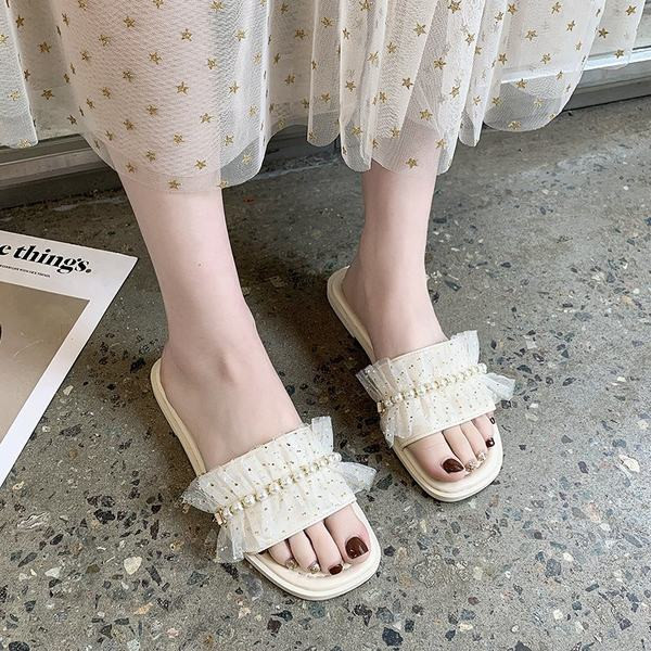 Ежедневни дамски чехли с перли и тюл в три цвята