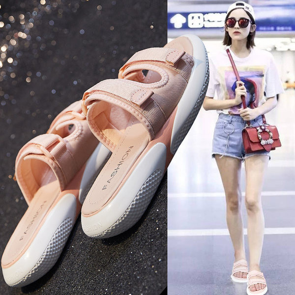 Ежедневни дамски чехли с велкро лепенки и равна подметка