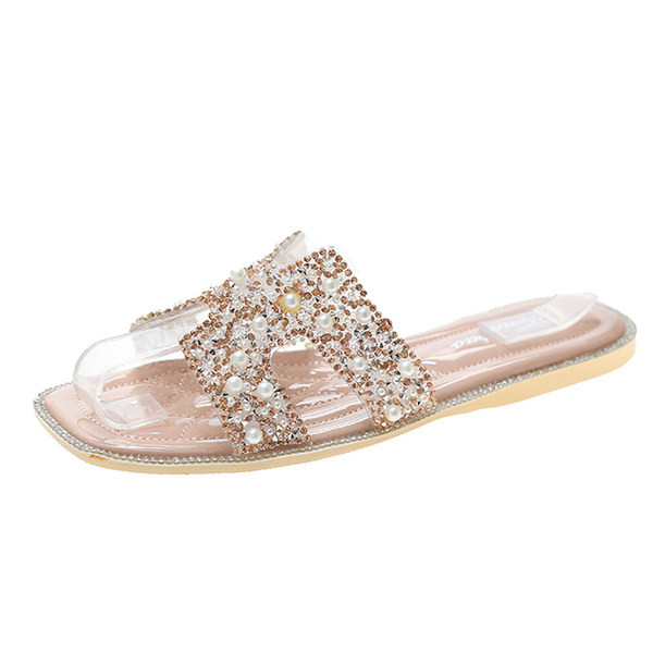 Дамски летни чехли с равна подметка и перли