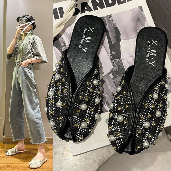 Дамски ежедневни чехли с декорация перли