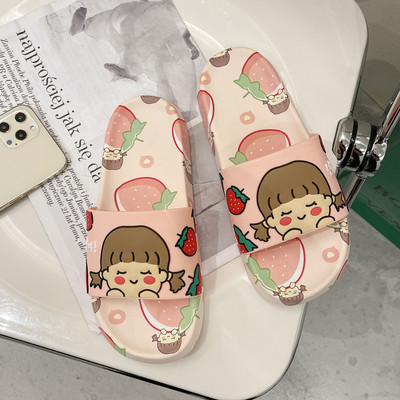 Дамски гумени чехли с цветна апликация и равна подметка