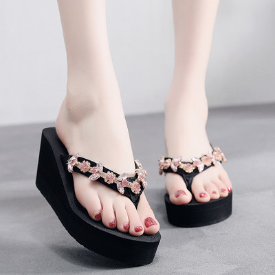 Дамски чехли с камъни на платформа - три цвята