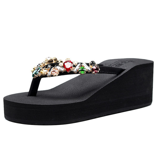 Дамски чехли с цветни камъни на платформа 