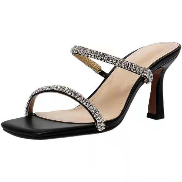 Модерни дамски чехли с декоративни камъни и висок тънък ток 7см