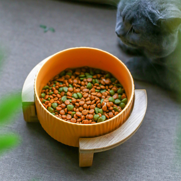 Bol din ceramică cu suport din lemn pentru mâncare pentru câini