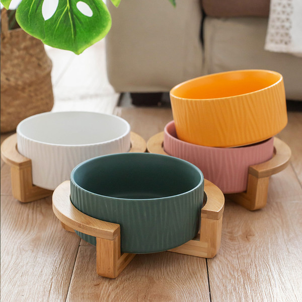 Bol din ceramică cu suport din lemn pentru mâncare pentru câini