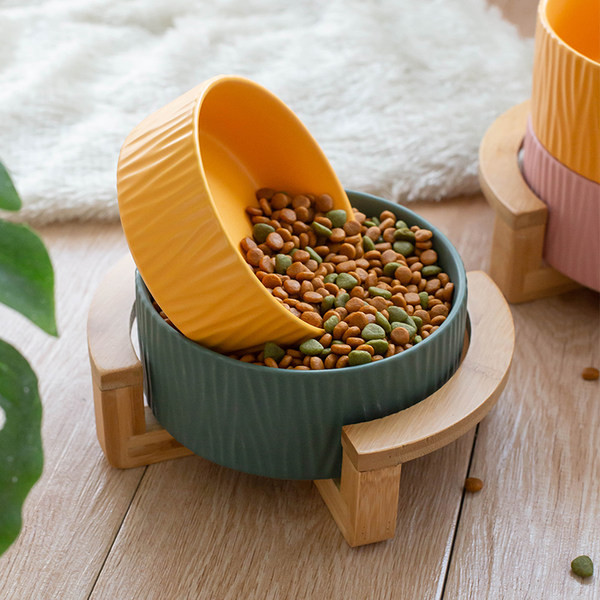 Bol din ceramică cu suport din lemn pentru mâncare pentru câini
