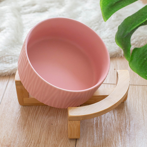 Bol din ceramică cu suport din lemn pentru mâncare pentru câini
