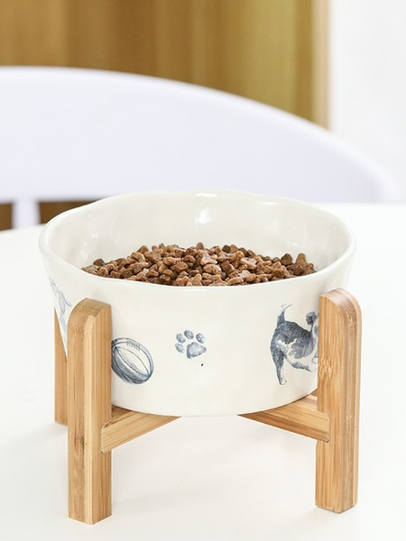 Κεραμικό μπολ τροφής για σκύλους με ξύλινη βάση