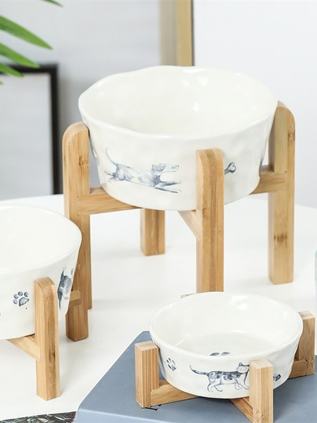 Κεραμικό μπολ τροφής για σκύλους με ξύλινη βάση