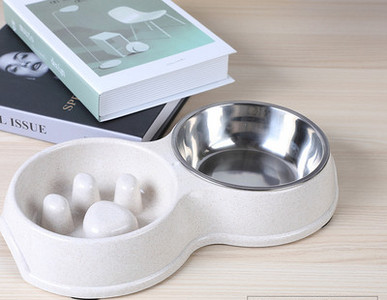 Bol dublu din plastic pentru caini - compartimente pentru apa si hranire lenta