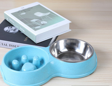 Bol dublu din plastic pentru caini - compartimente pentru apa si hranire lenta