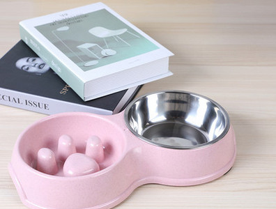 Bol dublu din plastic pentru caini - compartimente pentru apa si hranire lenta