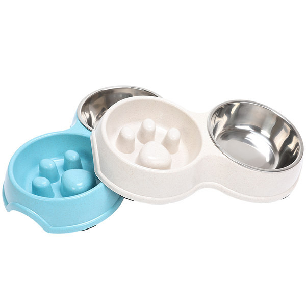 Bol dublu din plastic pentru caini - compartimente pentru apa si hranire lenta