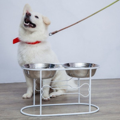 Bļoda ar ēdienu un ūdeni ar statīvu suņiem