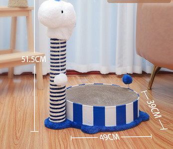 Cățărator pentru pisici cu o zgârietură din hârtie ondulată și o minge