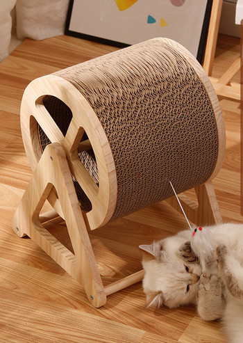Στρογγυλή ξύστρα για γάτες σε βάση από κυματοειδές χαρτί και ξύλο