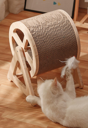 Στρογγυλή ξύστρα για γάτες σε βάση από κυματοειδές χαρτί και ξύλο