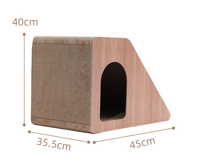 Σπίτι γάτας και ξύστρα ξύλου και κυματοειδές χαρτί