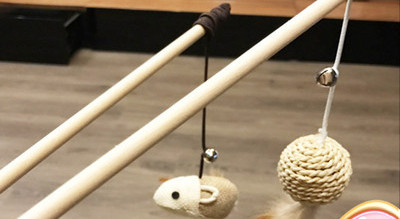 Дървена  въдица за котки с пера и играчка 