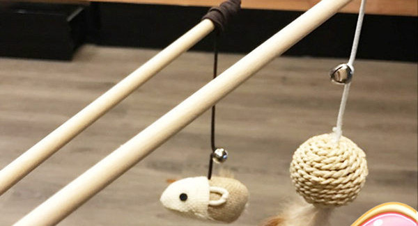 Medinė meškerė katėms su plunksnomis ir žaislu