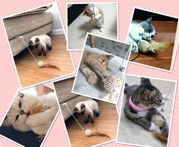 Medinė meškerė katėms su plunksnomis ir žaislu